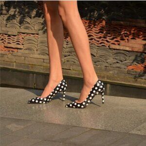 YDN Black Polka Dot Chic Pointed Closed Toe Stiletto Heel Pumps Slip on Shoe